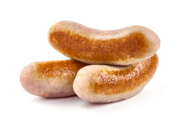 Grilled pork bangers, isolated on white background.