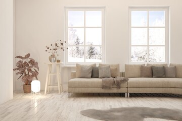 Modern living room in white color with sofa and winter landscape in window. Scandinavian interior design. 3D illustration