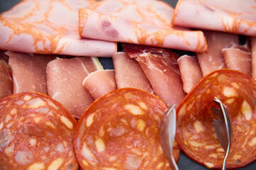 Sausage. Plate with pieces of ham, chorizo and lomo - obrazy, fototapety, plakaty