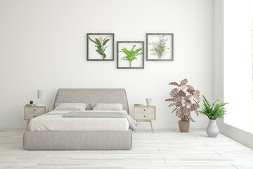 White bedroom interior. Scandinavian design. 3D illustration