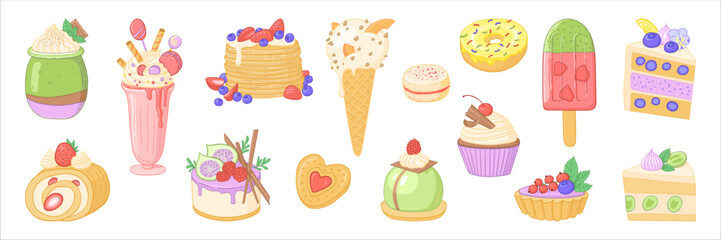 Vector set of delicious sweets and desserts. Sweet food illustration set.