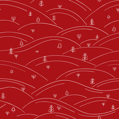 Cute line-art winter forest seamless pattern. Red Christmas background with sketchy landscape and little trees.