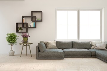 White living room with sofa. Scandinavian interior design. 3D illustration