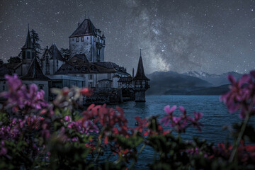 Magical Night at Castle Oberhofen by the Lake of Thun: Milkyway and Stars in the Sky with Flowers in the Foreground