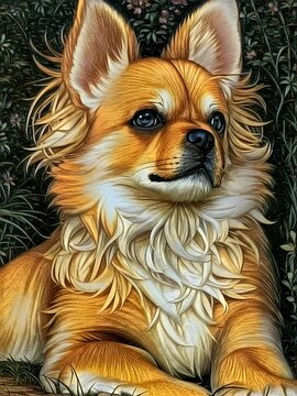 Portrait of a chihuahua. Long hair Chihuahua art. cute dog sitting isolated on leaves background.