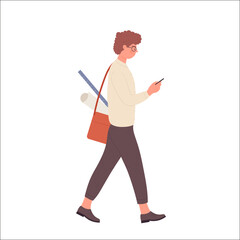 Walking nerd boy with smartphone. Geek teenager using mobile phone vector illustration