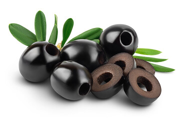 Black olives with leaves isolated on a white background with full depth of field.