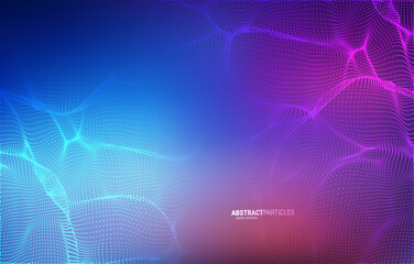 Abstract vector technology background with blue and purple wave particle flow on blurry color background.