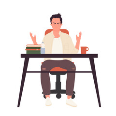 Fototapeta na wymiar Angry student at school desk. Furious pupil sitting at less, hands gesture vector illustration