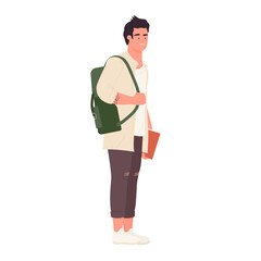 Male student ready for school less. Standing university boy with backpack vector illustration