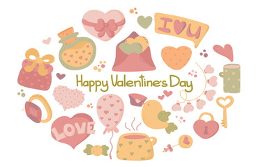 Cartoon romantic love valentines day elements. Heart shape, sweets vector symbols set. Valentines day romantic objects. diamond ring, envelope with letter doodle hand draw