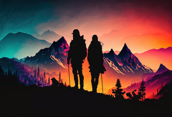 Romantic couple holding hand silhouette on top of mountains at sunset, panoramic generative ai