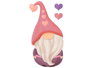 Gnomo con barba del día de san Valentín con corazones en colores rosados