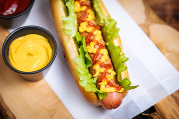 Hot dog with mustard, ketchup and green salad in bun, served with potato chips on a rustic wooden board. Fast food and delicious.