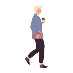 Walking teacher man with coffee cup. School professor at pause vector illustration