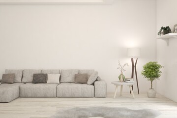 White living room with sofa. Scandinavian interior design. 3D illustration