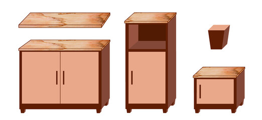 Set of wooden furniture isolated on transparent background, png; brown and pink cabinet, drawer and nightstand with marble top; interior design; illustration, clipart, cartoon