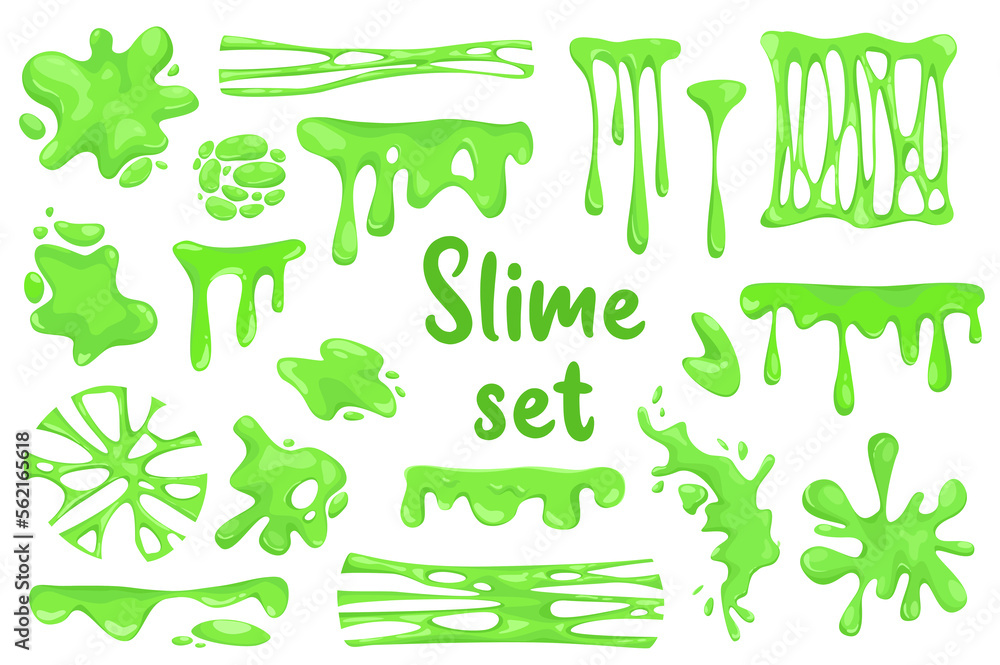 Poster green slime isolated elements set in flat design. bundle of blobs and splashes of goo, different sha