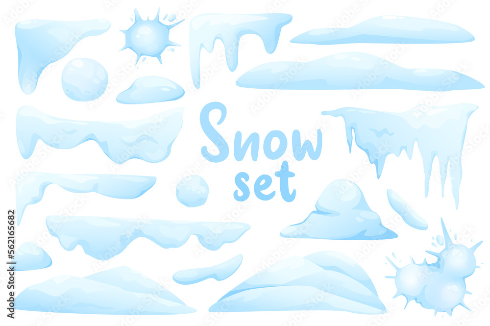 Poster snow isolated elements set in flat design. bundle of different shapes and borders of snow caps with 