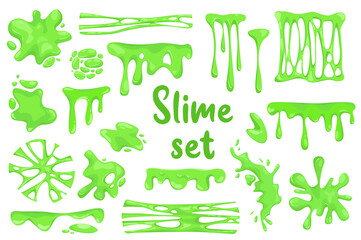 Green slime isolated elements set in flat design. Bundle of blobs and splashes of goo, different shapes of sticky dripping mucus, slimy stains texture, jelly borders with drops.