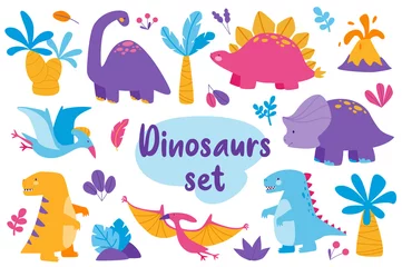 Poster Onder de zee Cute dinosaurs isolated elements set in flat design. Bundle of childish Jurassic reptiles with brontosaurus, stegosaurus, triceratops, pterodactyl, velociraptor and palm trees.