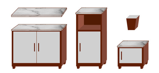 Set of wooden furniture isolated on transparent background, png; brown and gray cabinet, drawer and nightstand with marble top; interior design; illustration, clipart, cartoon