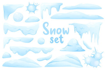 Snow isolated elements set in flat design. Bundle of different shapes and borders of snow caps with icicles, snowballs and snow spots and snowdrift pile in white and blue colors.