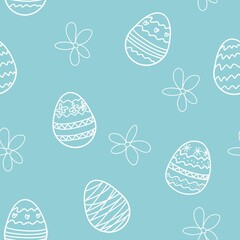 Иллюстрация без названияEaster eggs and flowers pattern on the blue background