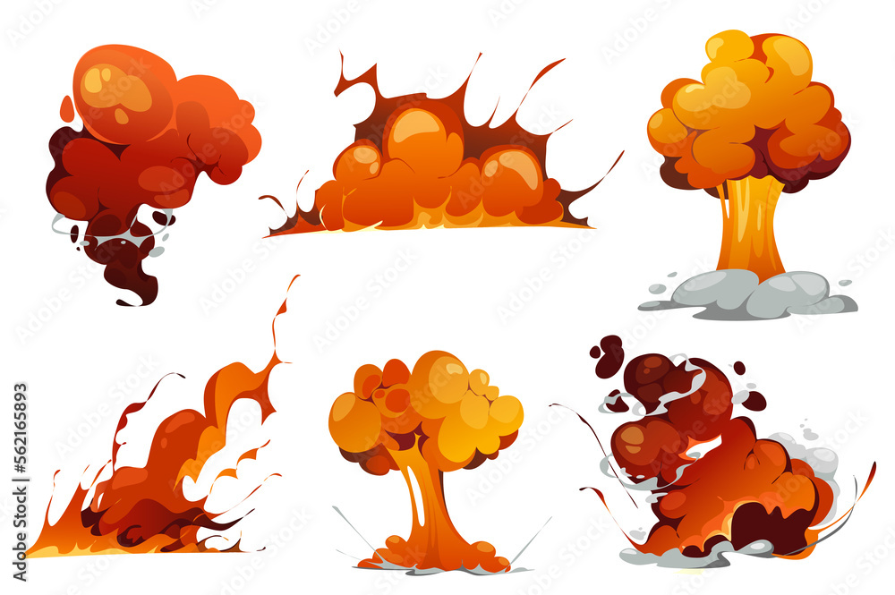 Poster bomb explosion isolated elements set in flat design. bundle of comic style dynamite detonation with 
