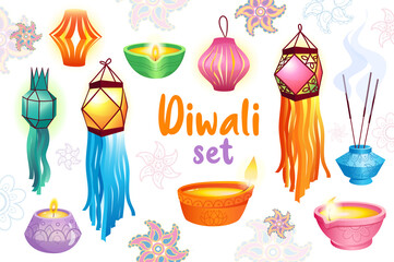 Diwali festival isolated elements set in flat design. Bundle of ornate lanterns, oil lamps, candles, incense and aroma sticks, ornamental mandalas, and other celebration symbols.