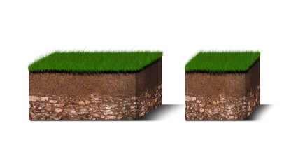 Isometric Soil Layers diagram, Cross section of green grass and underground soil layers beneath, stratum of organic, minerals, sand, clay, Isometric soil layers isolated on white