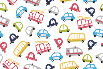 CUTE AND COLORFUL DOODLE  VEHICLE, CARS, BUSES, TAXI, AMBULANCE AND TRANSPORT IN SEAMLESS PATTERN EDITABLE FILE