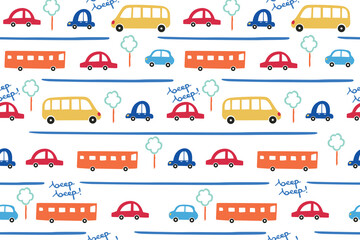 CUTE AND COLORFUL DOODLE  VEHICLE, CARS AND TRANSPORT IN SEAMLESS PATTERN EDITABLE FILE