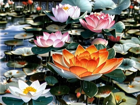 Painting of Colorful Lotus Flowers in Water. Beautiful picture of Lotus.