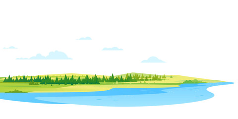 Panorama of spruce forest landscape background near the river in simple geometric form, wildlife panorama of nature in summer day with blue clouds, hills and forest far away on the horizon
