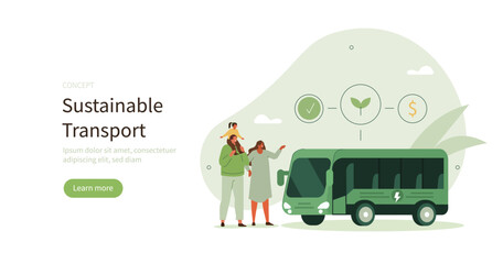 Sustainable transportation. Characters using environmental friendly mode of transport and standing near electric public bus. Urban mobility and environmental conservation concept. Vector illustration.