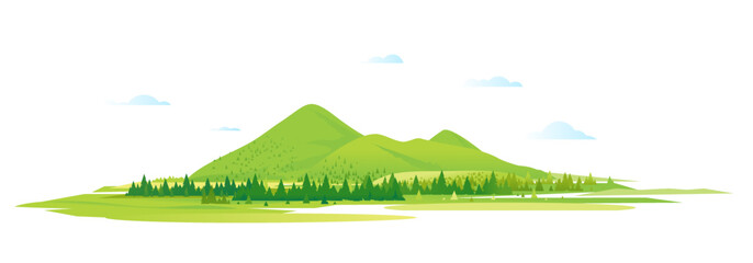 Mountain valley with spruce forest around, nature tourism landscape illustration isolated