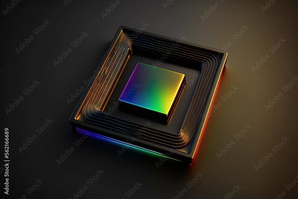 Poster extruded square on a minimalist technology background with a rainbow glow. one side is black and emb