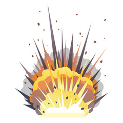 Big cartoon bomb explosion on ground with shrapnel and fireball, isolated on white, bright fiery explosion with yellow clubs of smoke on horizontal surface