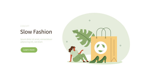 Slow fashion. Character buying shoes made from recycled high quality materials. Conscious consumption to minimize waste and environmental impact. Reduce, reuse, recycle concept.