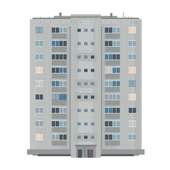 One nine-story eastern European building in front view isolated, old soviet building architecture flat style