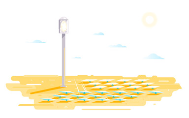Solar power tower with many flat sun-tracking mirrors in desert, renewable energy concept illustration in flat style isolated