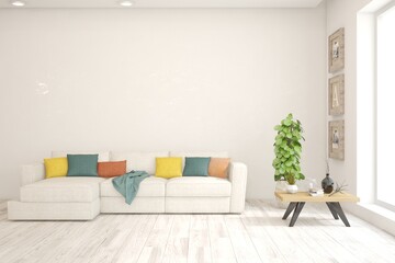 White living room with sofa. Scandinavian interior design. 3D illustration