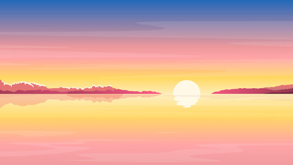 Fototapeta na wymiar Sea sunrise landscape in yellow colors, nature landscape illustration, morning fog on lake, sunset on the beach background