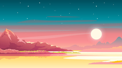 Fototapeta premium Sunset in mountains nature landscape background, sun near big red mountain and stars on sky