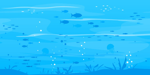 Underwater sea bottom with many plants and fish silhouettes, marine life background