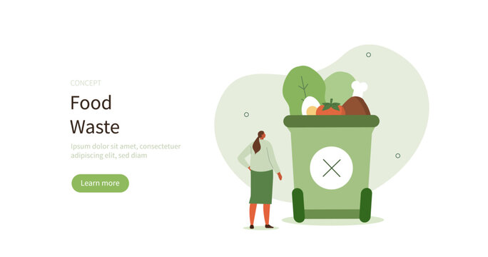 Sustainability illustration set. Characters throwing food waste into a trash bin and thinking how to reducing it. Zero waste concept. Vector illustration.
