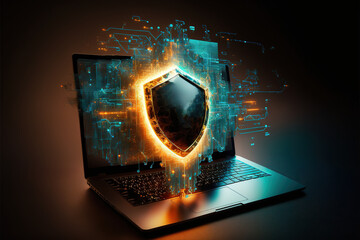 Cyber security, data protection, cyberattacks concept on blue background. Database security software development. Online security concept. Laptop protected with shield. Ai