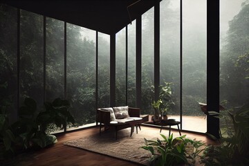 Beautiful Foggy Modern Living Room Interior with Jungle Forest Views Made with Generative AI