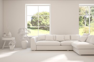 Mock up of stylish room in white color with sofa and green landscape in window. Scandinavian interior design. 3D illustration